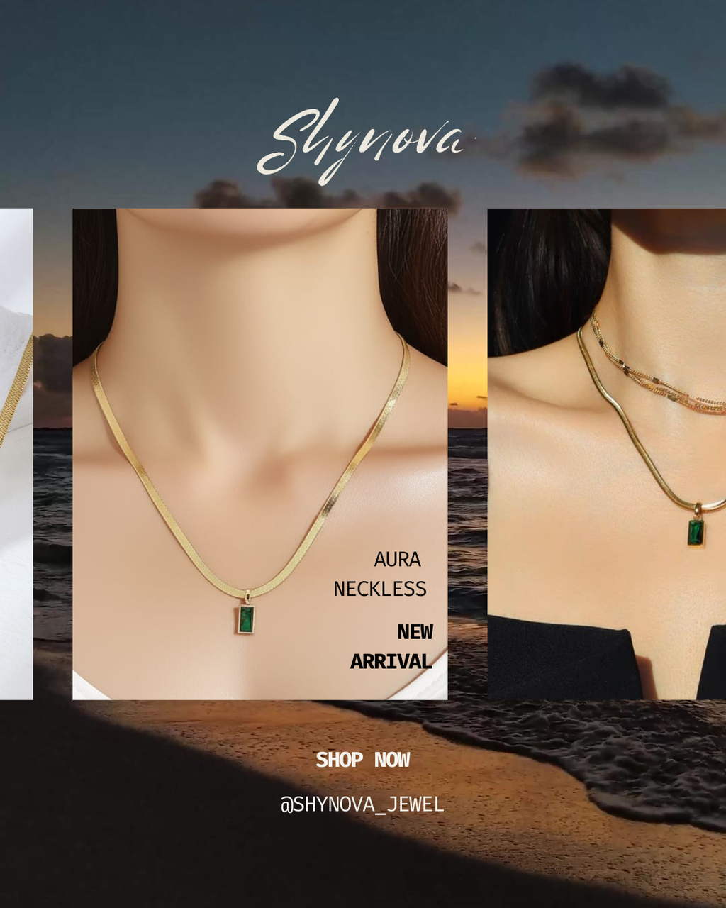 Gold chain necklace with a rectangular green gemstone pendant.