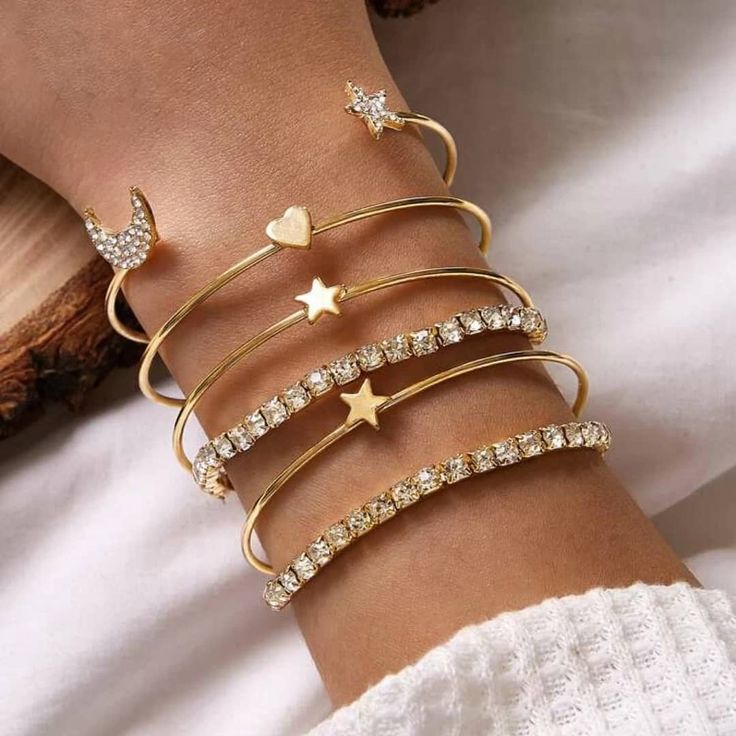 Trendy Gold Plated Moon, Star & Heart Bracelet Set (5 Pieces)