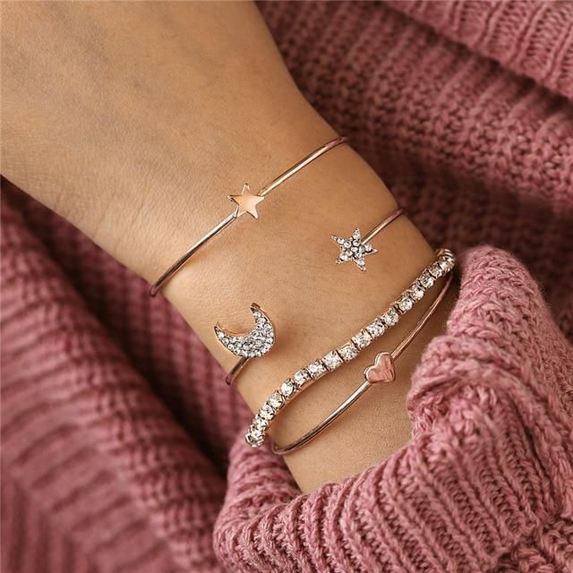 Trendy Gold Plated Moon, Star & Heart Bracelet Set (5 Pieces)