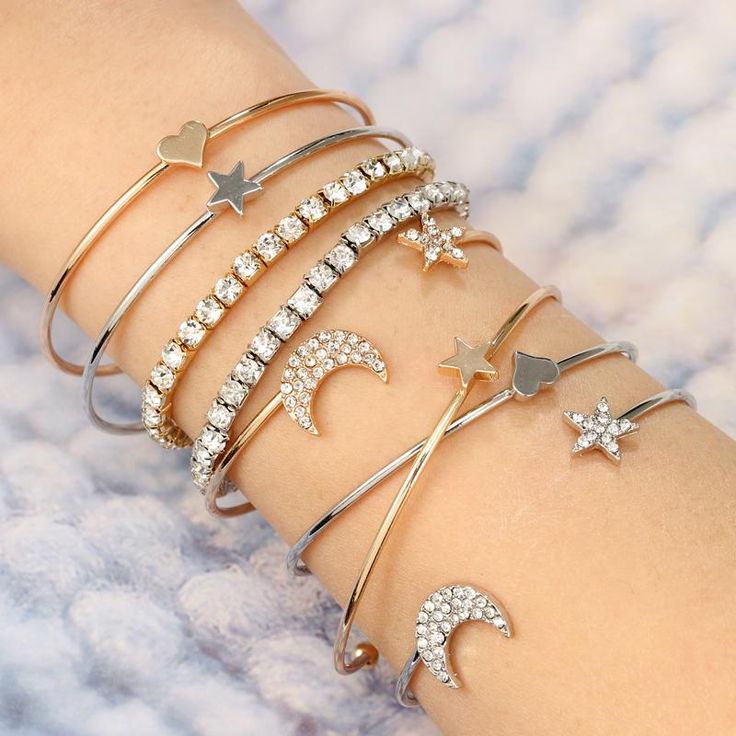 Trendy Gold Plated Moon, Star & Heart Bracelet Set (5 Pieces)