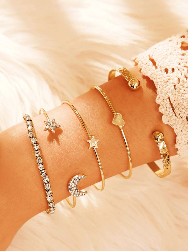 Trendy Gold Plated Moon, Star & Heart Bracelet Set (5 Pieces)