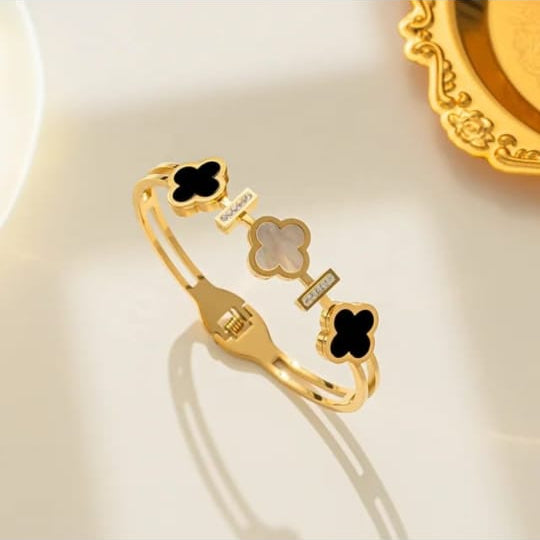 Gold Plated Clover Bracelet with Black and White Enamel Detailing