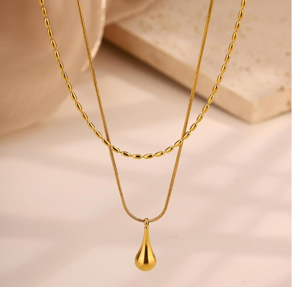 Elegant Gold-Plated Dual Layer Necklace with Teardrop Pendant
