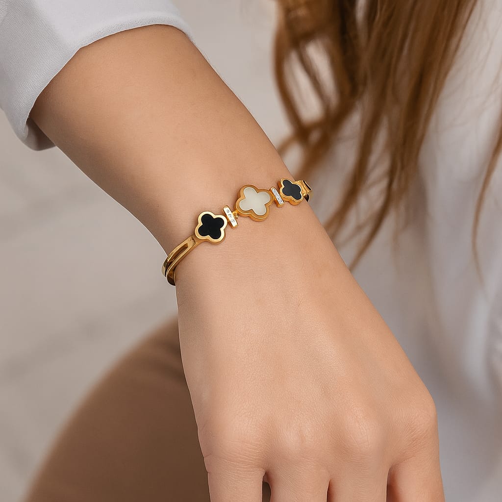 Gold Plated Clover Bracelet with Black and White Enamel Detailing