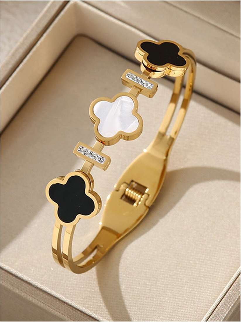 Gold Plated Clover Bracelet with Black and White Enamel Detailing